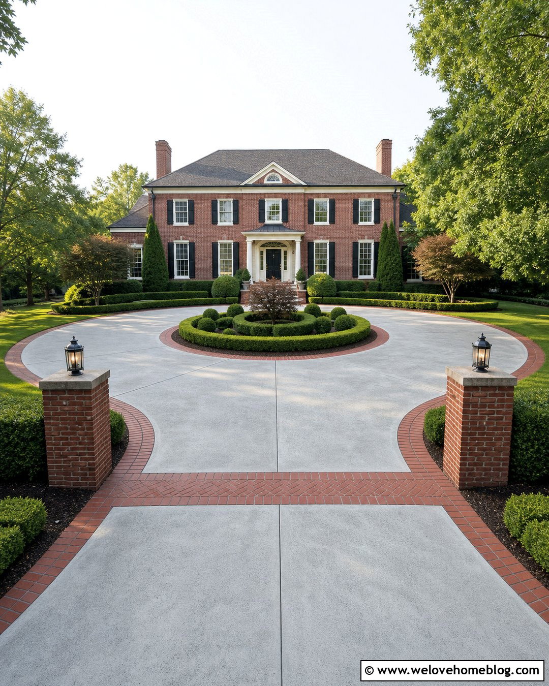 Colonial Concrete Driveway With Red Brick Accents - 25 Brick And Concrete Driveway Ideas