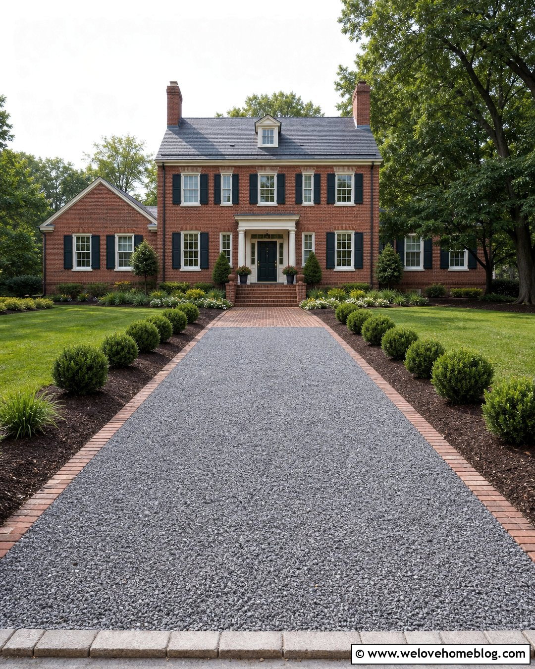 Colonial Crushed Stone Driveway With Symmetrical Beds - 40 driveway on a budget ideas