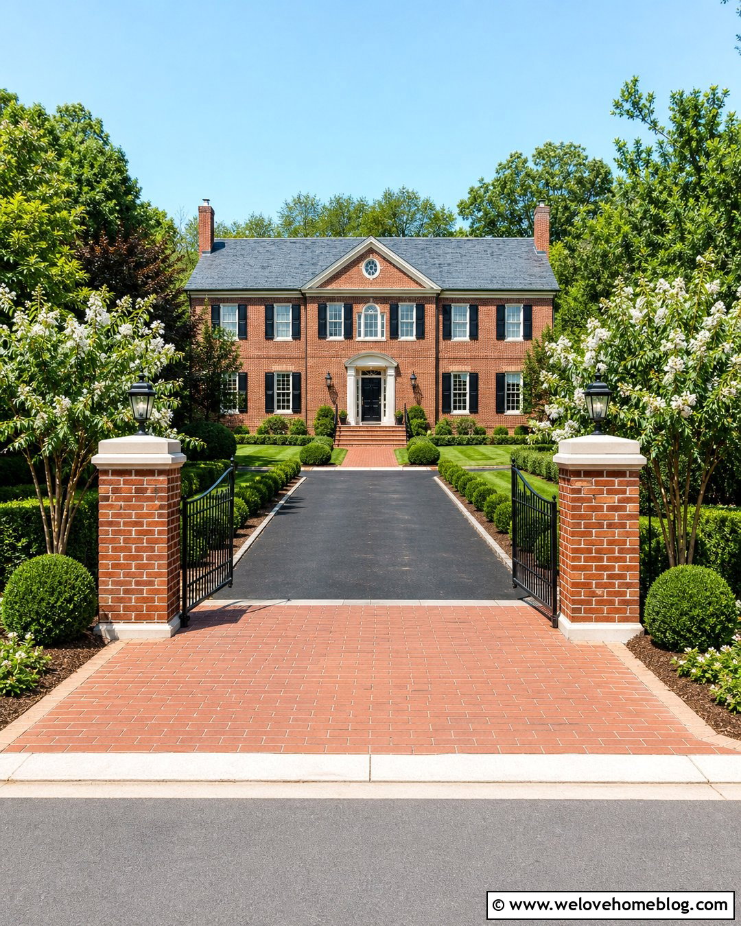 Colonial Driveway Entrance With Brick Columns - 25 House Driveway Entrance Ideas