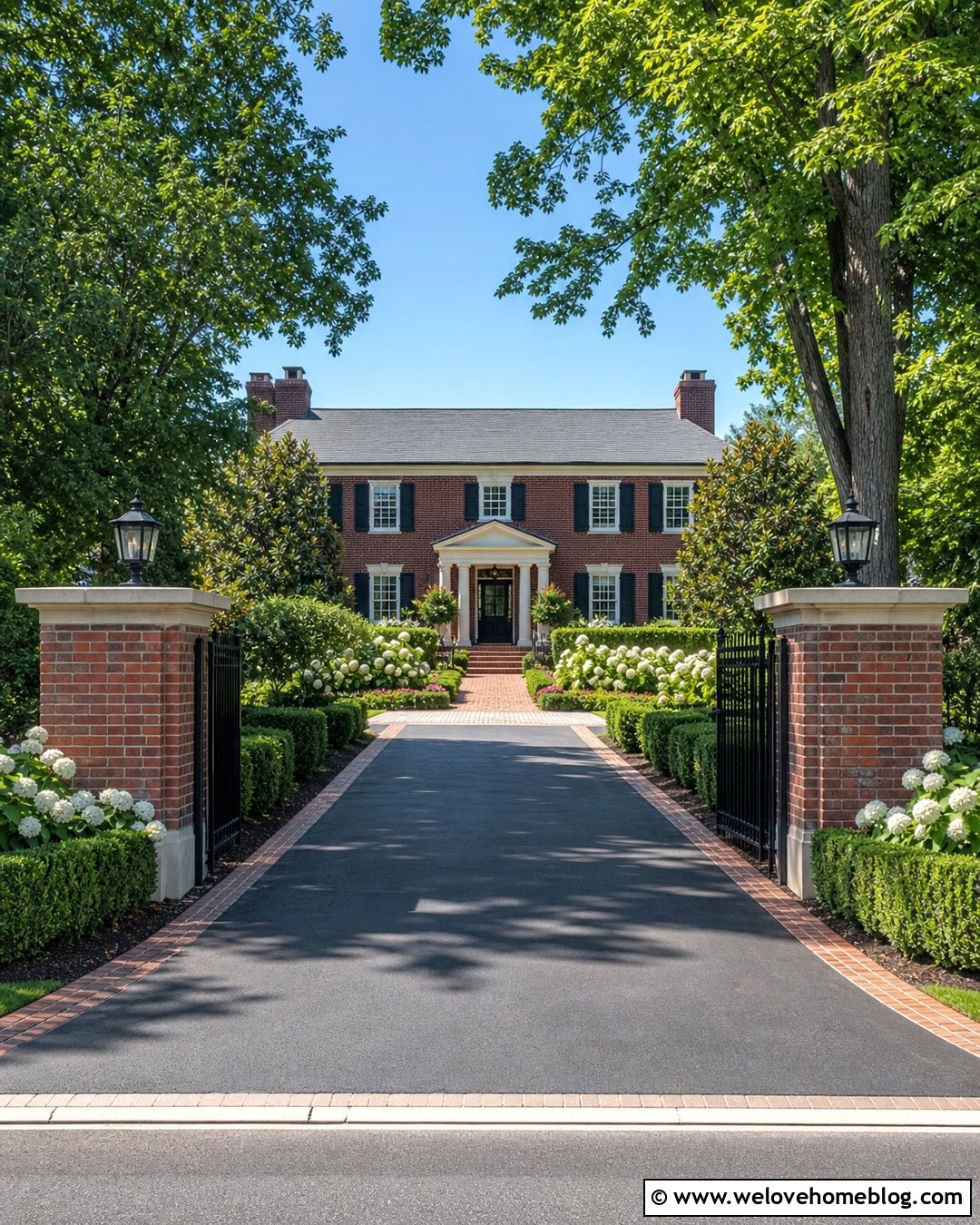 Colonial Driveway Entrance With Brick Columns - 20 Entryway Driveway Ideas
