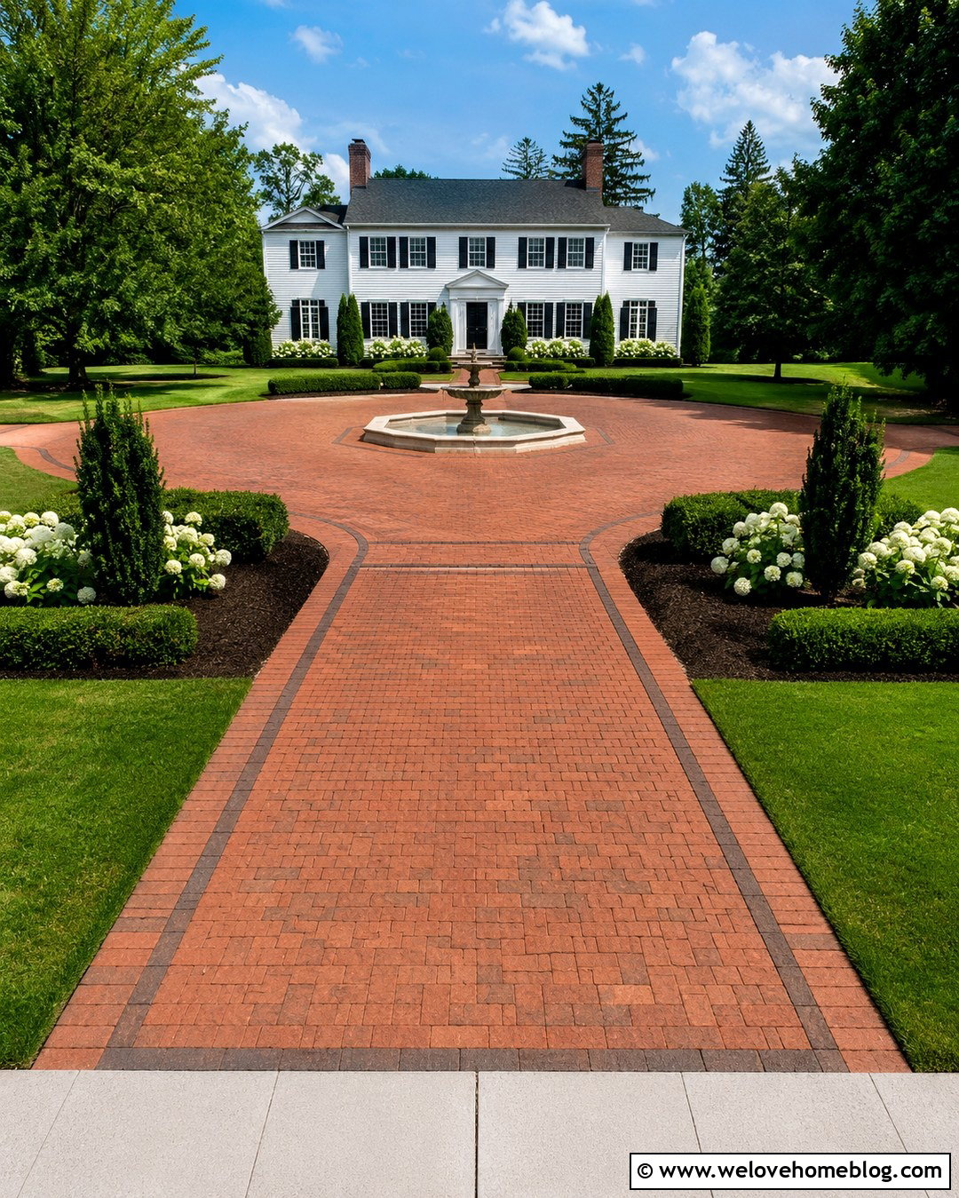 Colonial Driveway With Octagonal Fountain - 20 Water Fountain Driveway Ideas