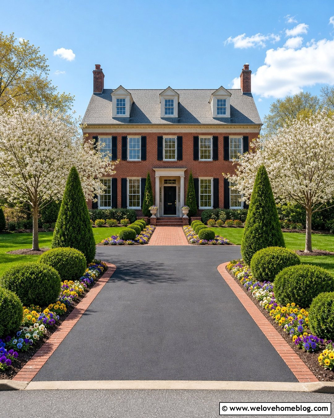 Colonial Driveway With Symmetrical Landscaping - 40 Front Driveway Landscaping Ideas