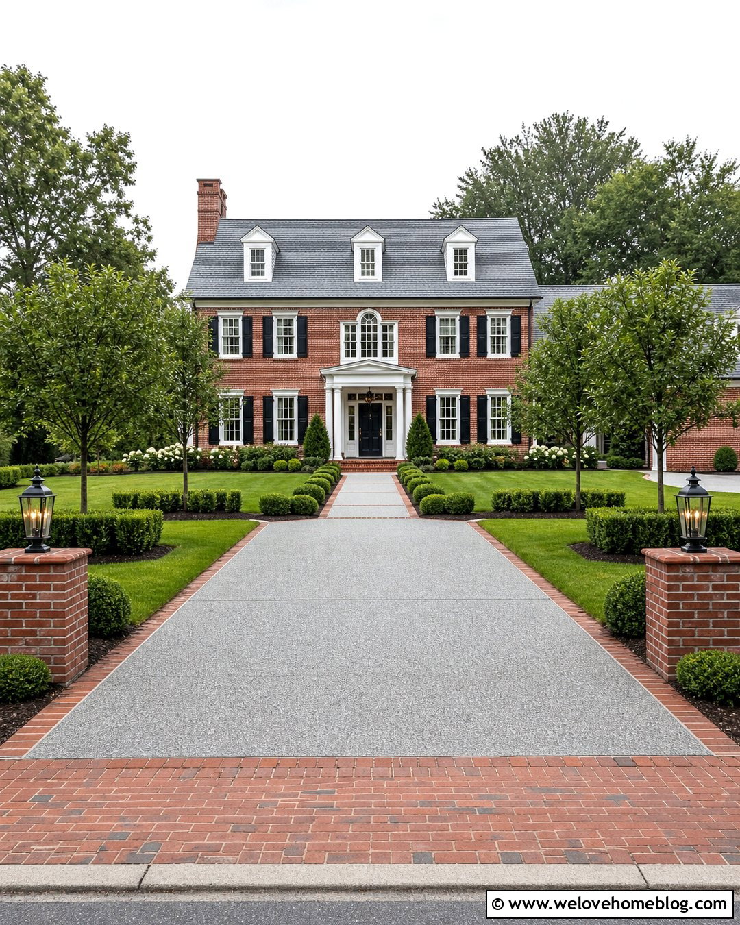 Colonial Pebblecrete Driveway With Red Brick Apron - 25 Pebblecrete Driveway Ideas