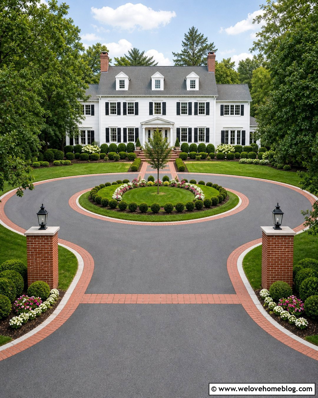 Colonial Roundabout Driveway With Symmetrical Planting - 35 Roundabout Driveway Ideas
