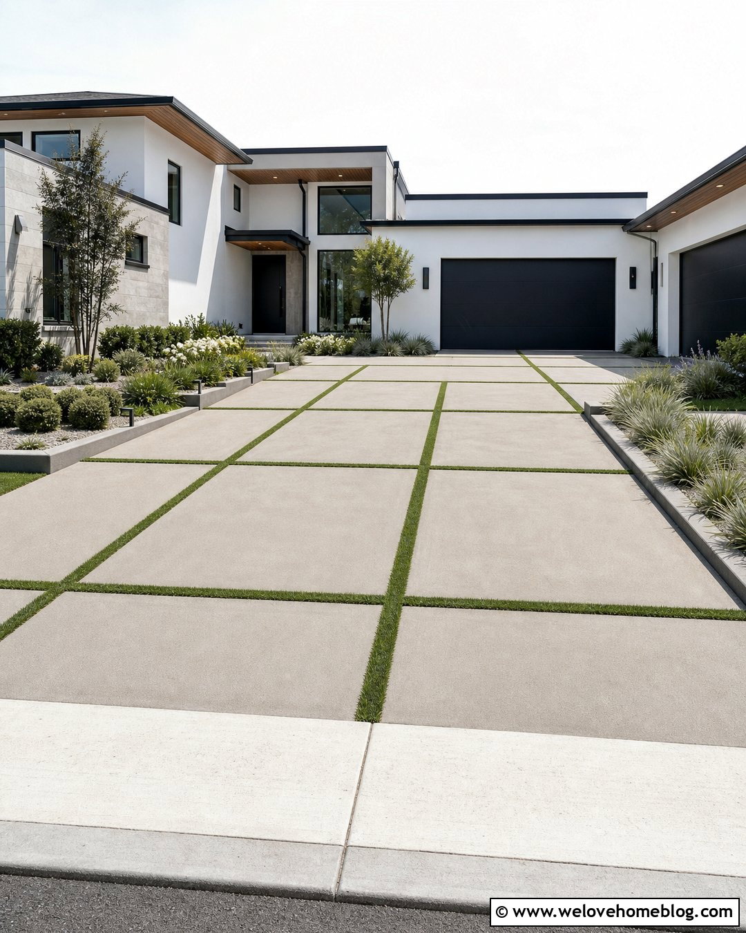 Colored Concrete Driveway With Modern Grass Strips - 30 driveway materials ideas