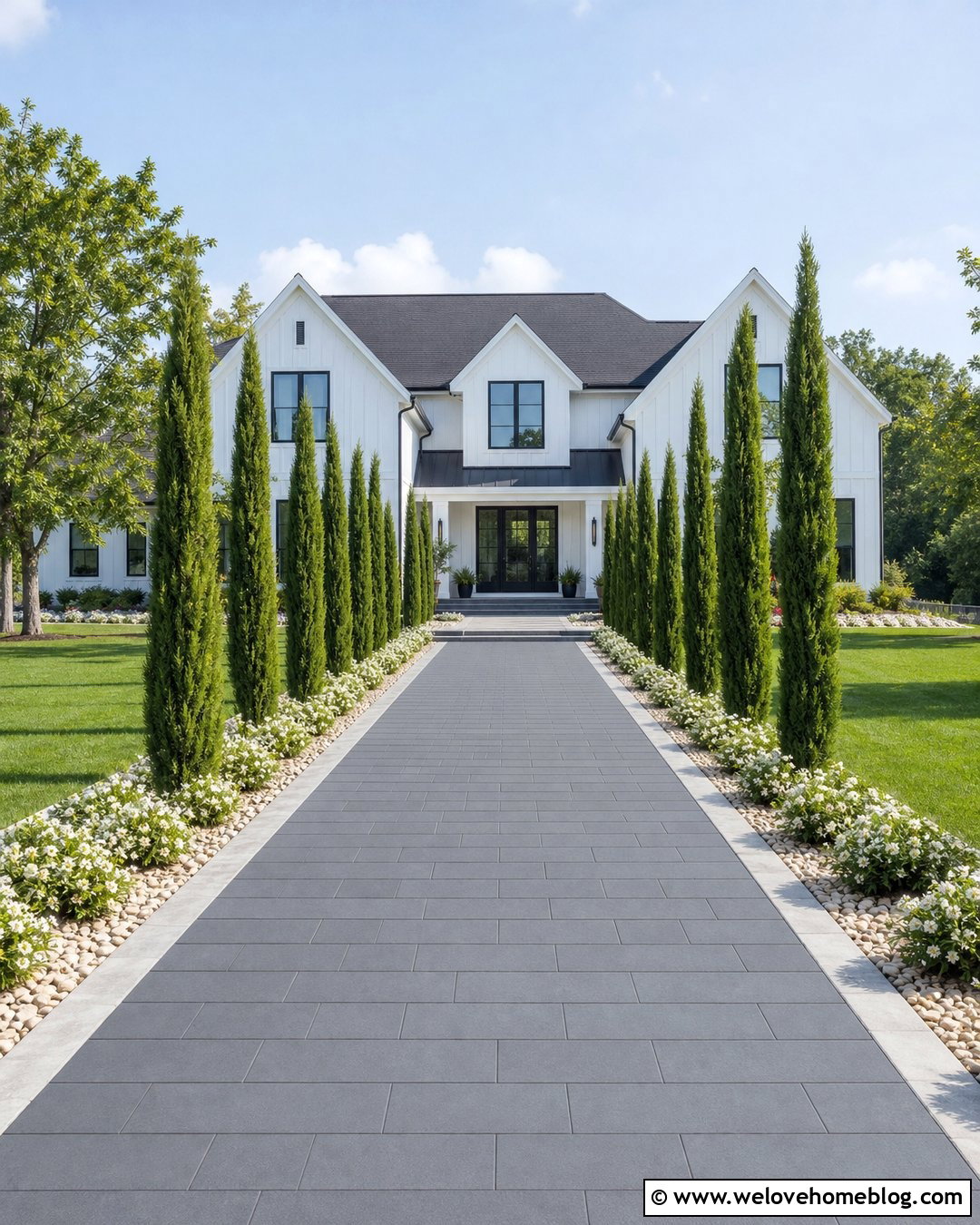 Columnar Evergreen Paver Driveway - 20 lining driveway with plants ideas
