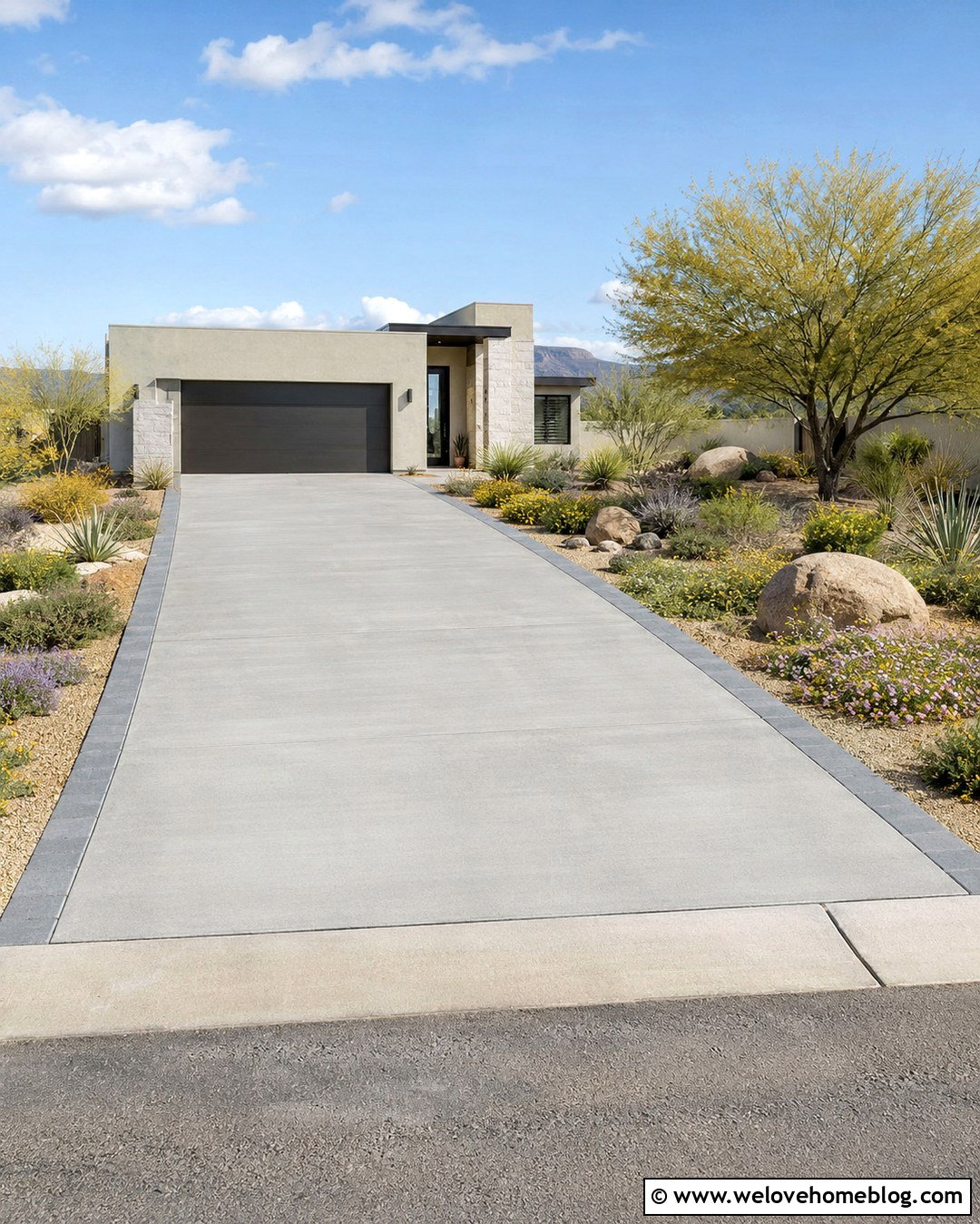 Compact Concrete Driveway With Xeriscape Landscaping - 20 low maintenance driveway ideas