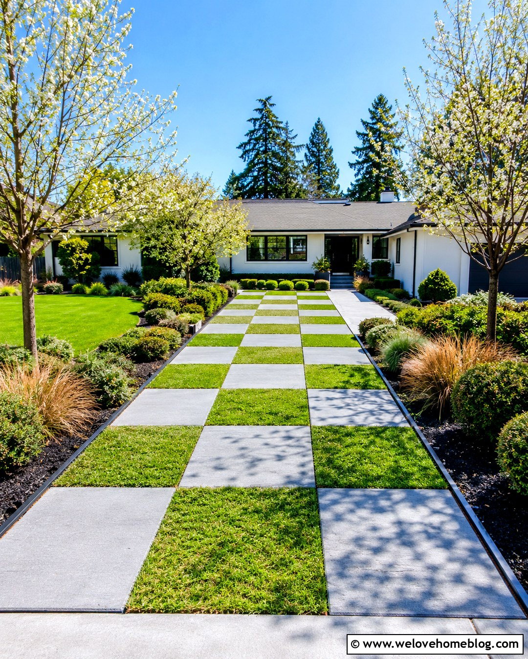 Concrete And Grass Checkerboard Driveway - 20 Checkerboard Driveway Ideas