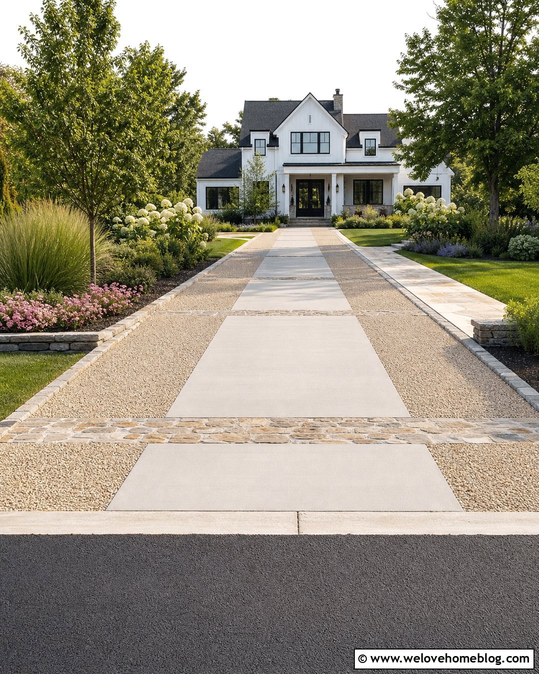 Concrete And Gravel Driveway With Stone Bands - 35 home driveway ideas