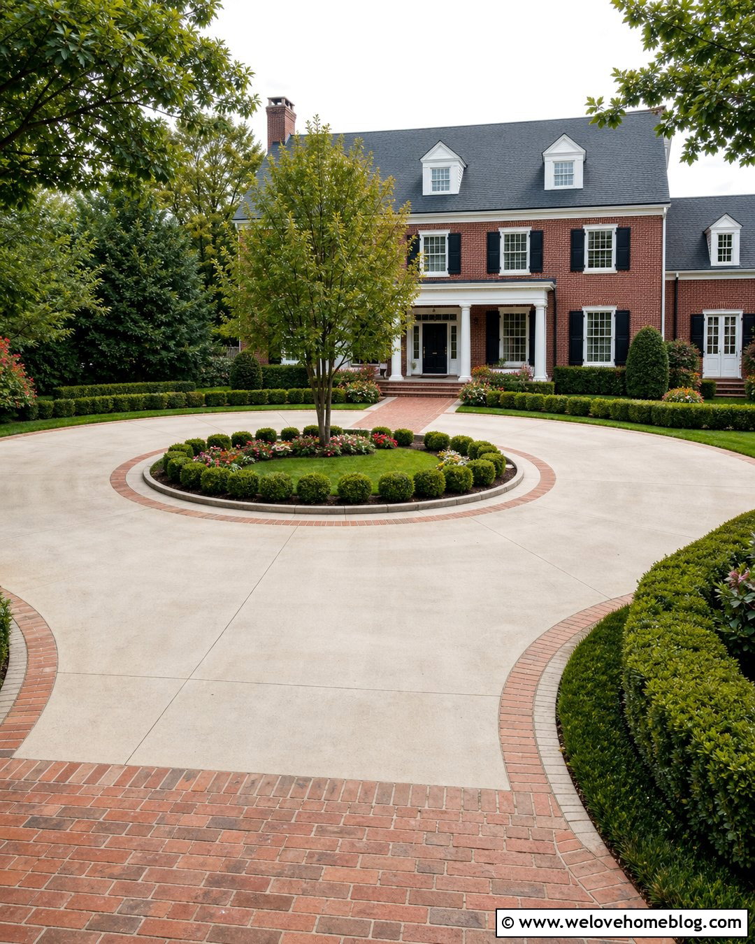 Concrete Circle Driveway With Brick Ribbon - 35 Circle Driveway Ideas