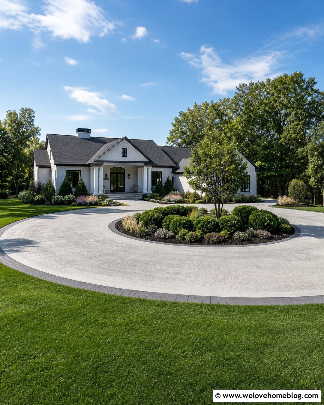 Concrete Circle Driveway With Low Maintenance Landscaping