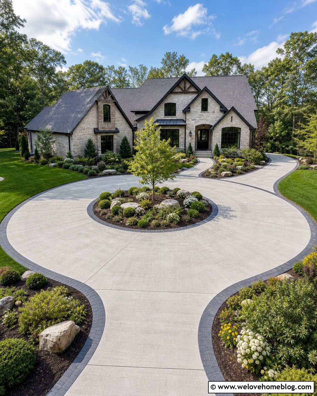 Concrete Circle Driveway With Paver Border - 35 Circle Driveway Ideas