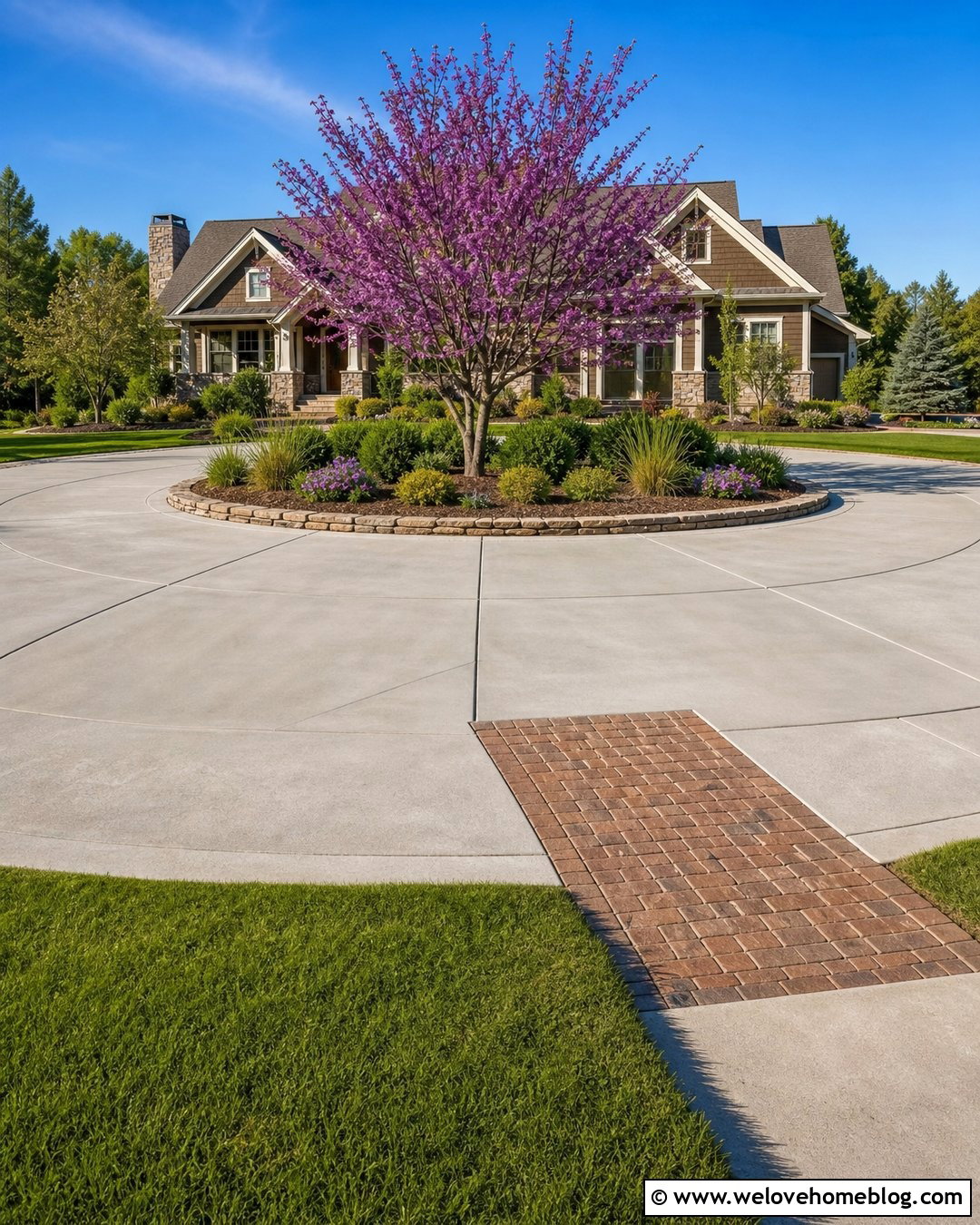 Concrete Circle Driveway With a Flowering Tree - 20 circle driveway landscaping front yards ideas