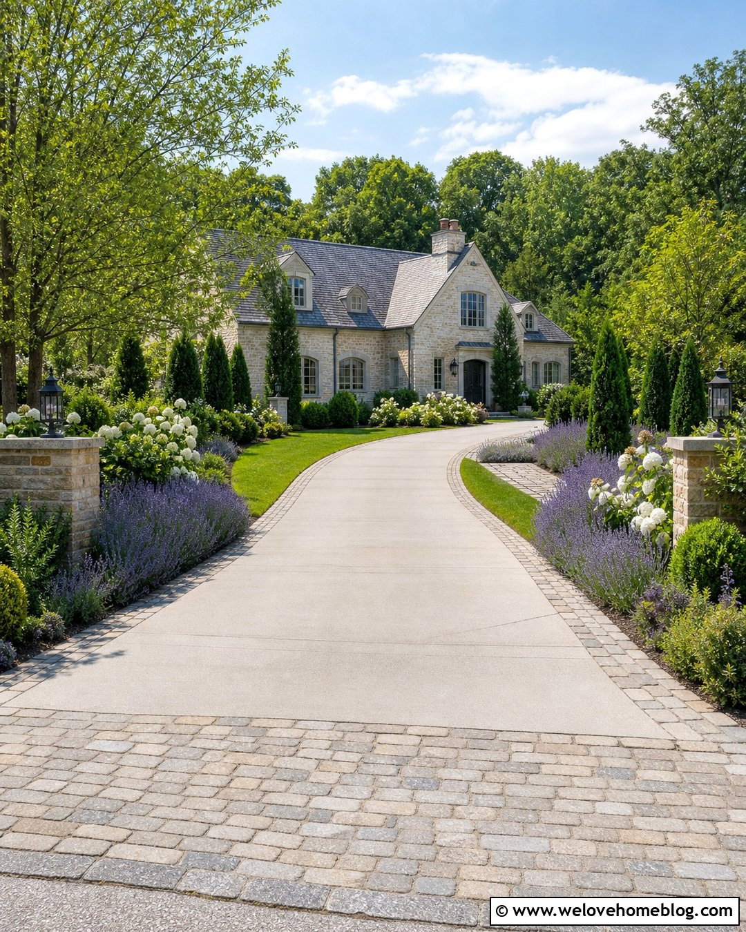 Concrete Cobblestone Driveway With Lavender Borders - 20 Concrete Cobblestone Driveway Ideas