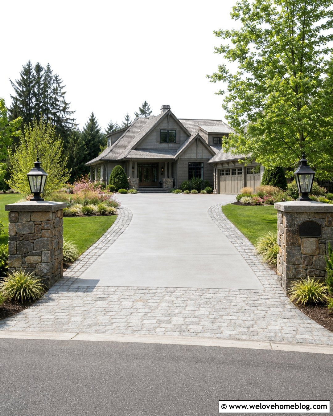 Concrete Cobblestone Driveway With Stone Pillars - 20 Concrete Cobblestone Driveway Ideas