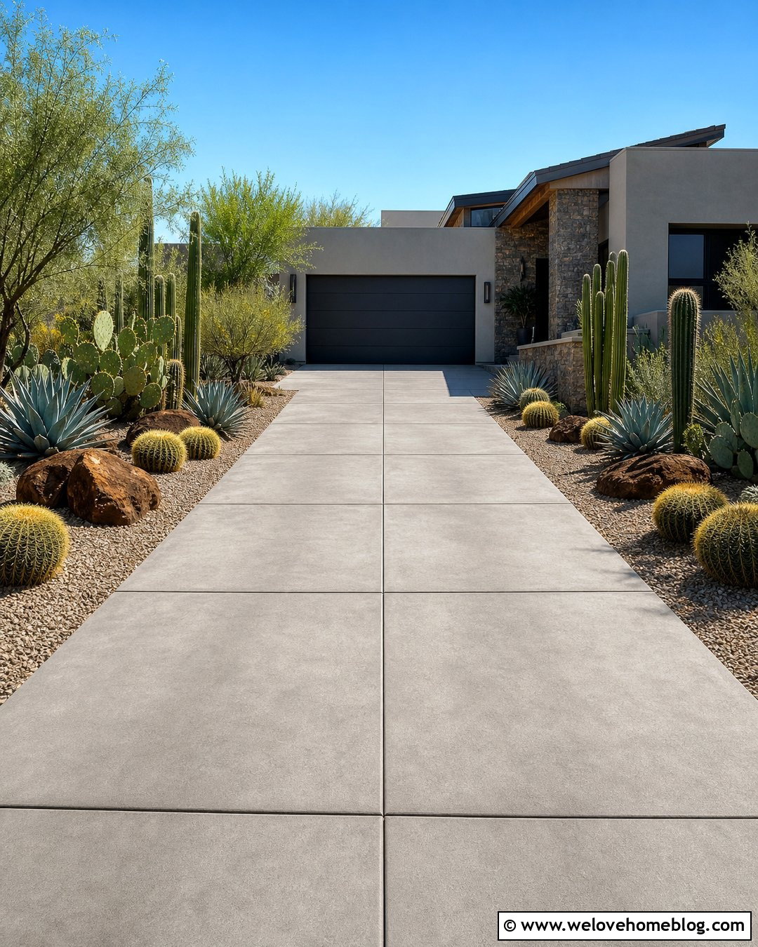 Concrete Desert Driveway With Cactus Beds - 20 desert driveway landscaping ideas