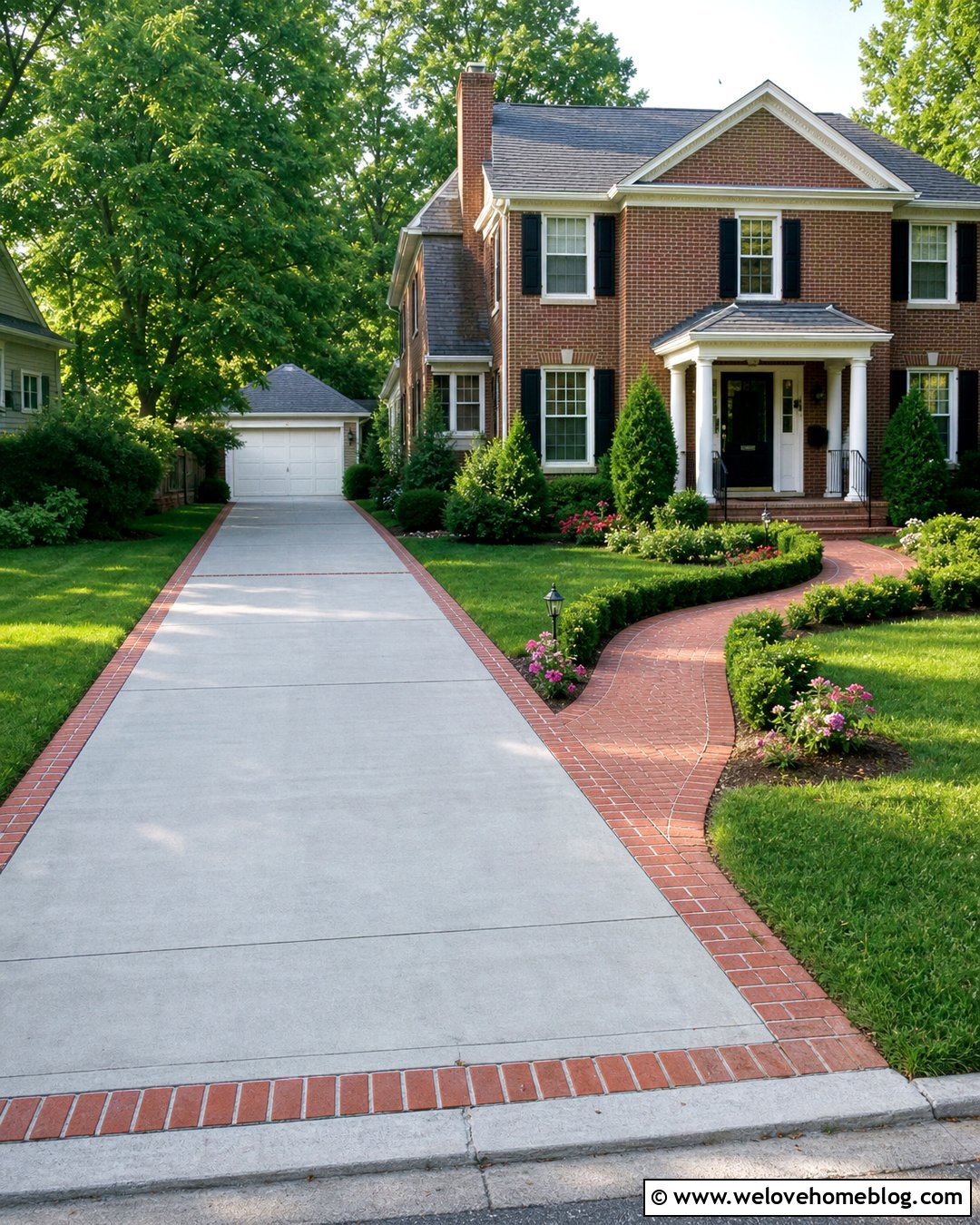 Concrete Driveway And Brick Sidewalk With Boxwood Borders - 20 Driveway And Sidewalk Landscaping Ideas