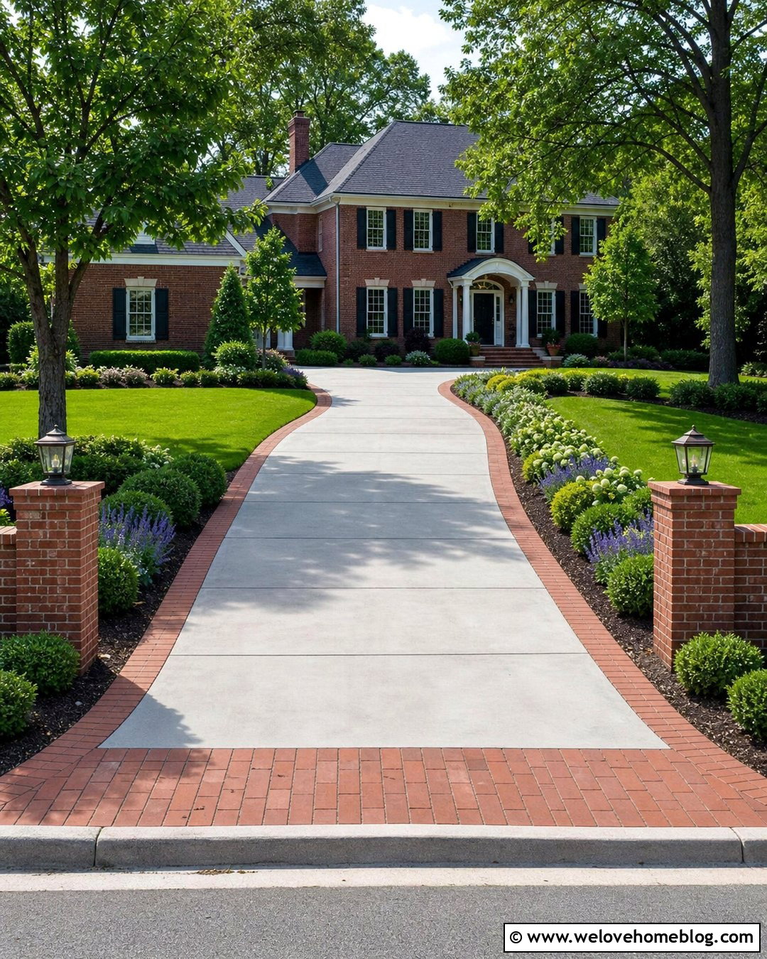Concrete Driveway Entrance With Brick Border - 35 End Of Driveway Entrance Ideas