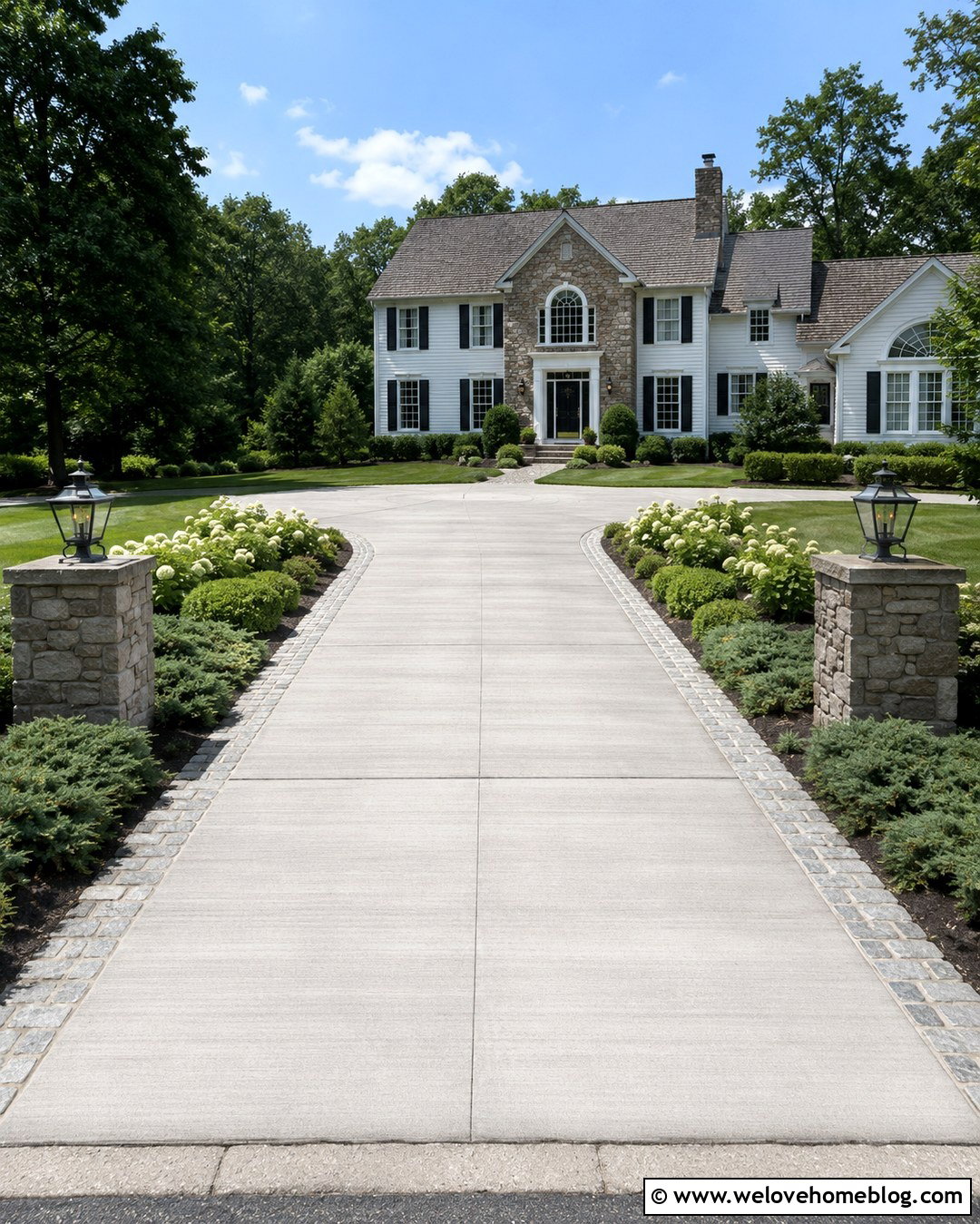 Concrete Driveway Entrance With Stone Pillars - 20 Driveway Landscape For Entrance Ideas