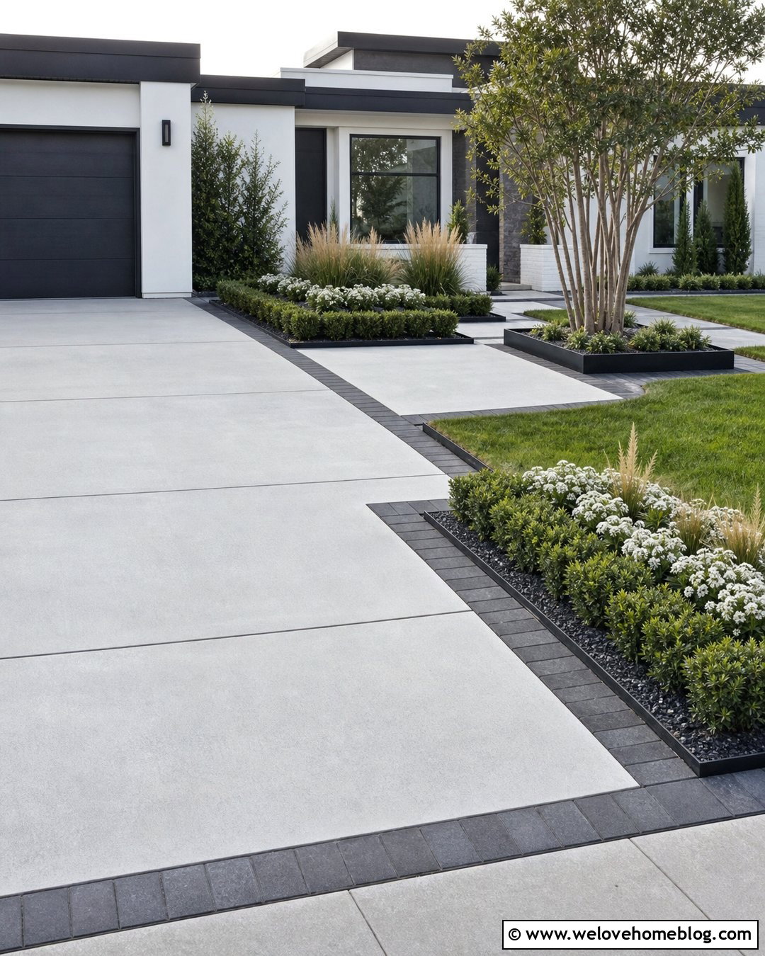 Concrete Driveway Garden With Geometric Beds - 30 Driveway Garden Ideas