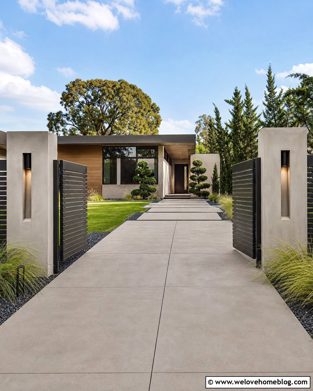 Concrete Driveway Gate Pillars With Horizontal Slat Gate - 20 Driveway Gate Pillars Ideas