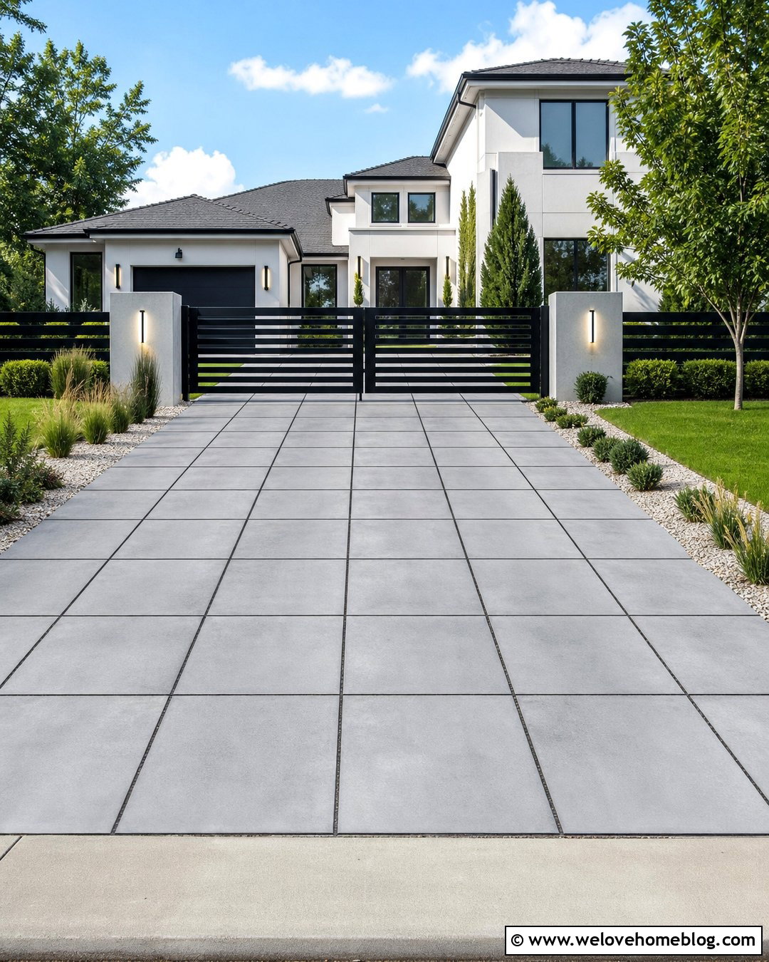 Concrete Driveway Pillars With Black Slat Gate - 20 modern driveway pillars ideas