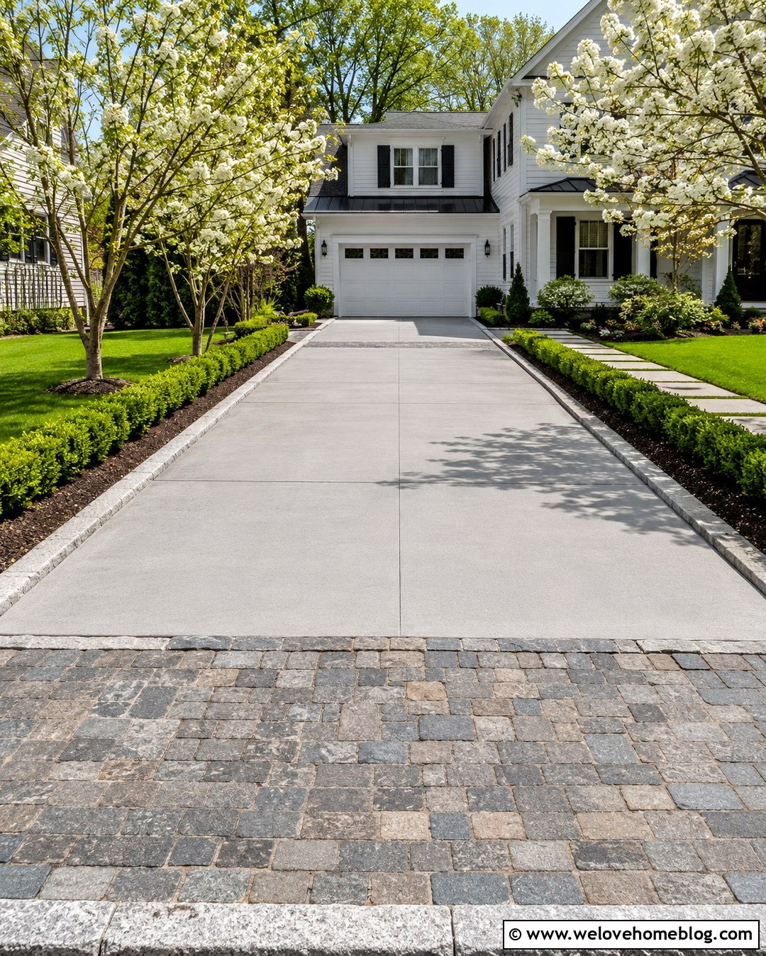Concrete Driveway With A Cobblestone Apron - 20 White House Driveway Ideas