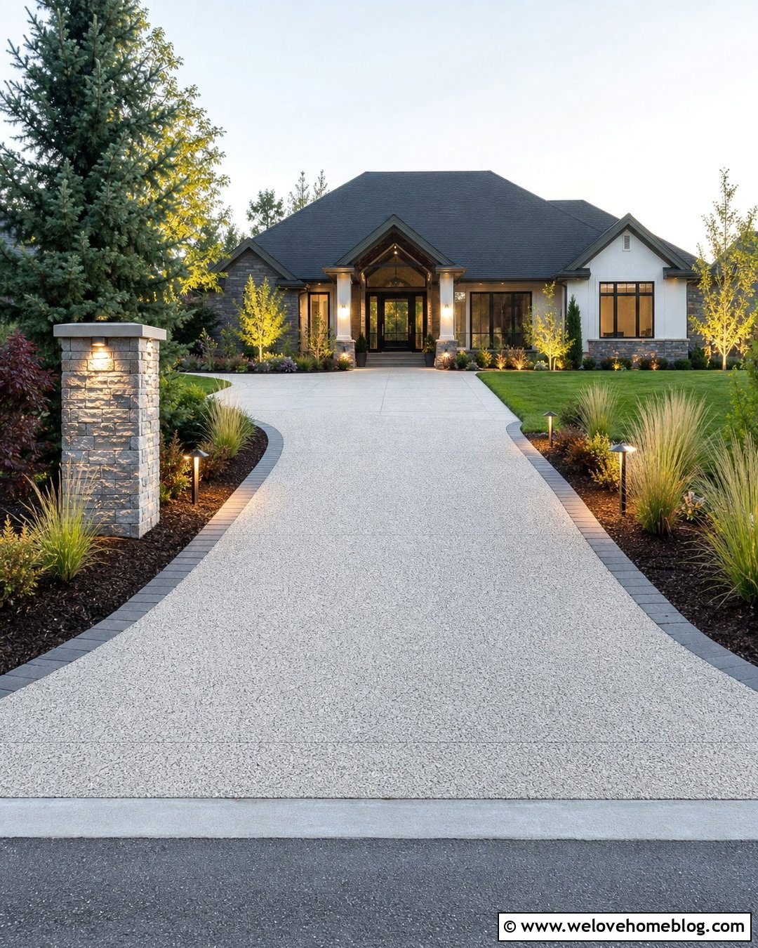Concrete Driveway With Address Pillar Lighting - 20 Concrete Driveway Lighting Ideas