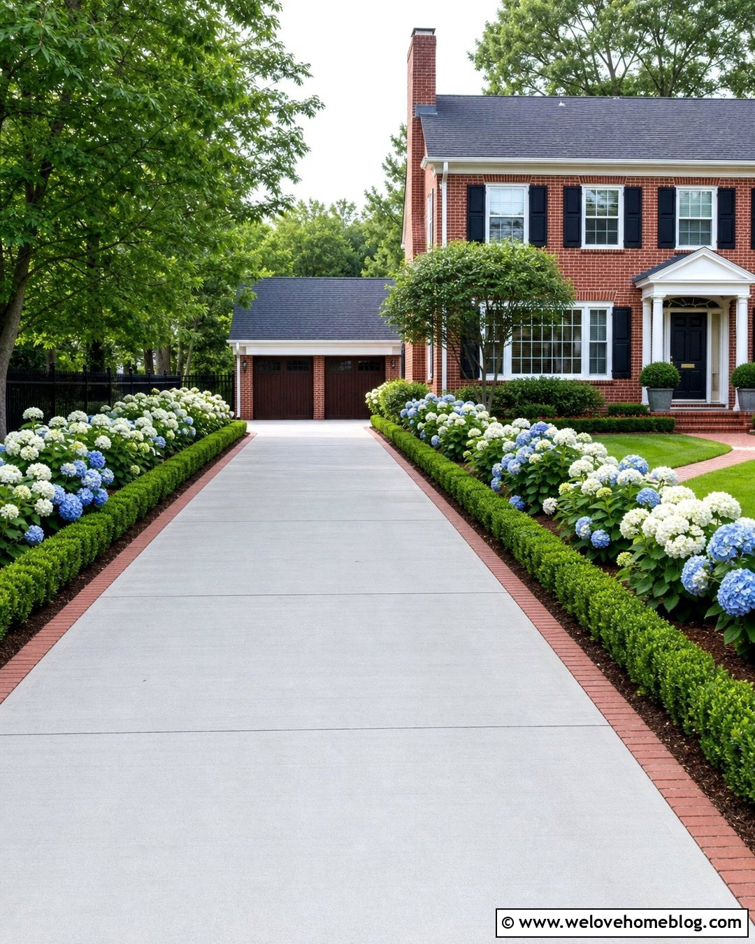 Concrete Driveway With Boxwood Borders - 50 Driveway Landscaping Ideas