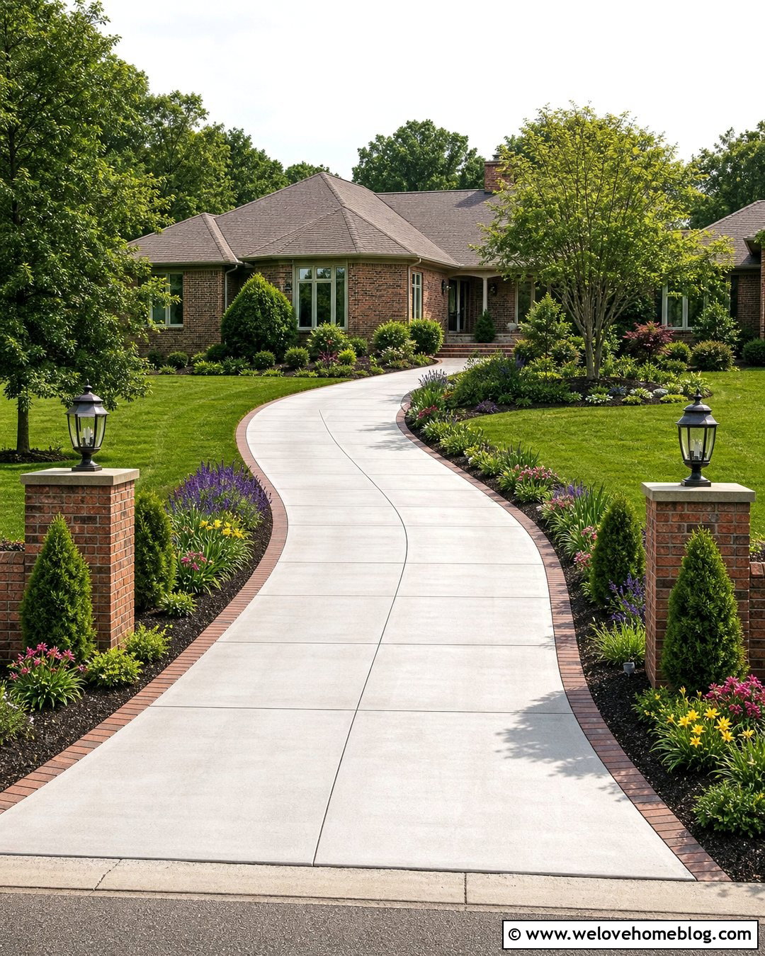 Concrete Driveway With Brick Pillars And Flower Beds - 25 long driveway landscaping entrance ideas