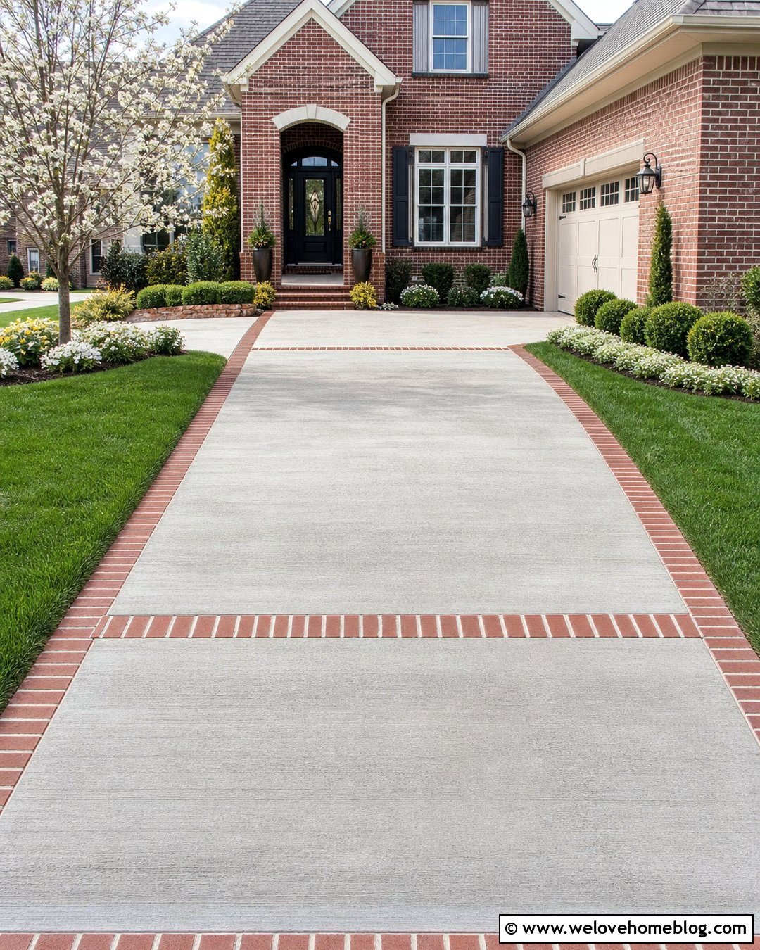 Concrete Driveway With Brick Ribbon - 45 Driveway Design Ideas