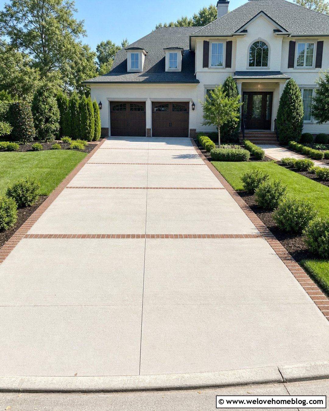 Concrete Driveway With Brick Ribbon Bands - 25 Brick And Concrete Driveway Ideas
