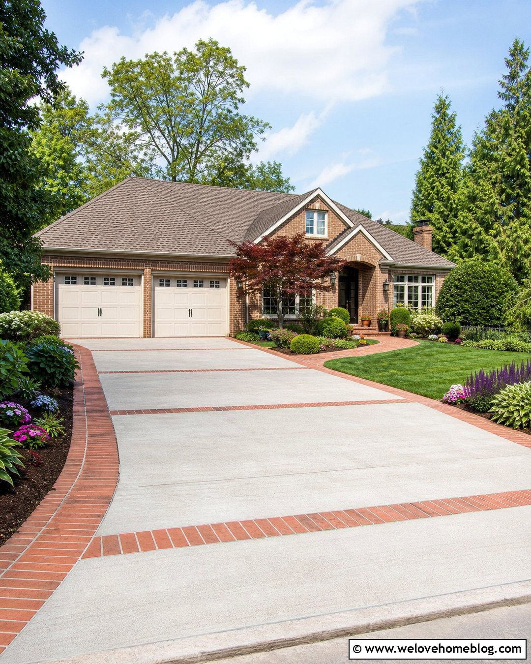 Concrete Driveway With Brick Ribbon - 20 Driveway Goals Ideas