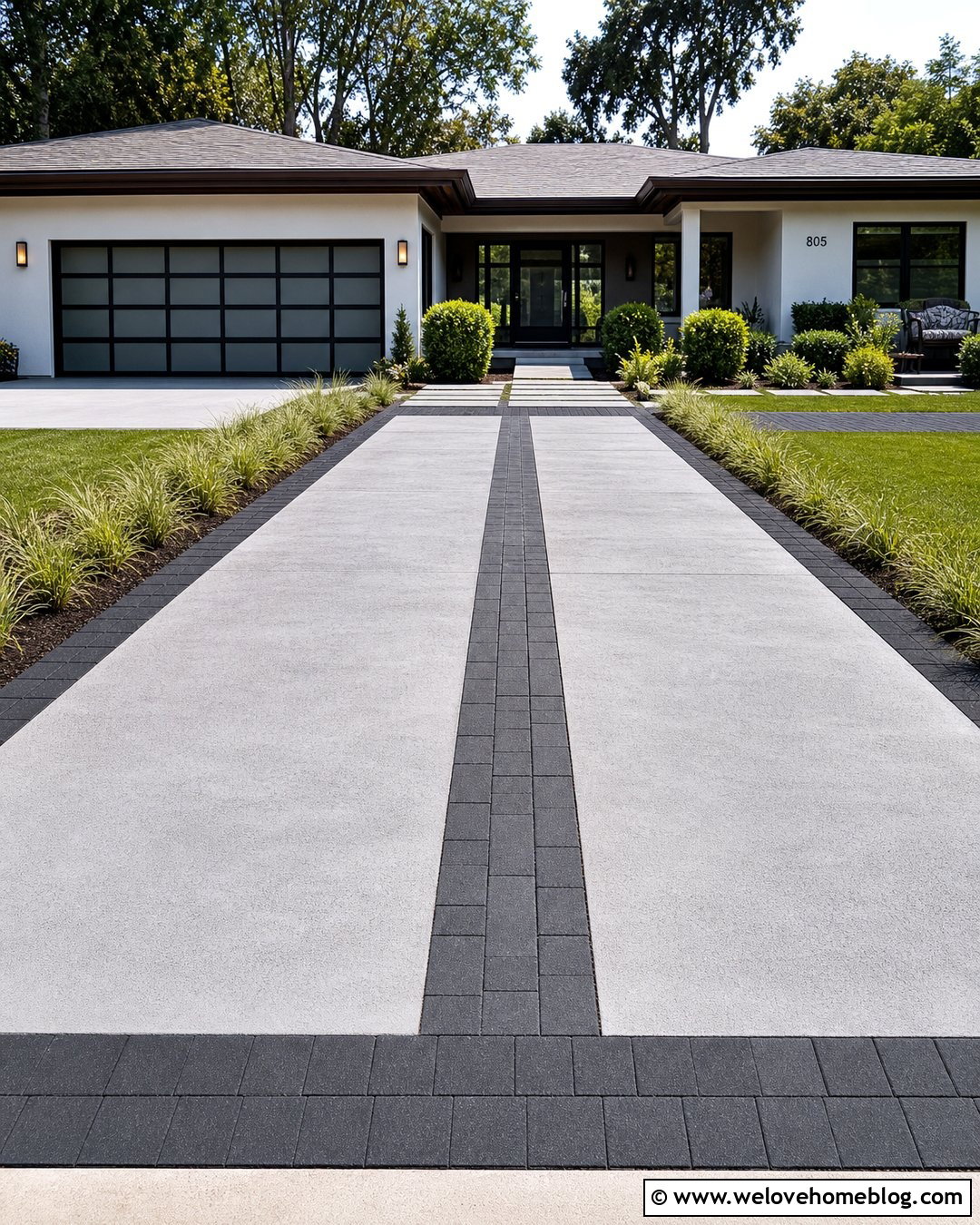 Concrete Driveway With Center Paver Strip - 45 Driveway Design Ideas