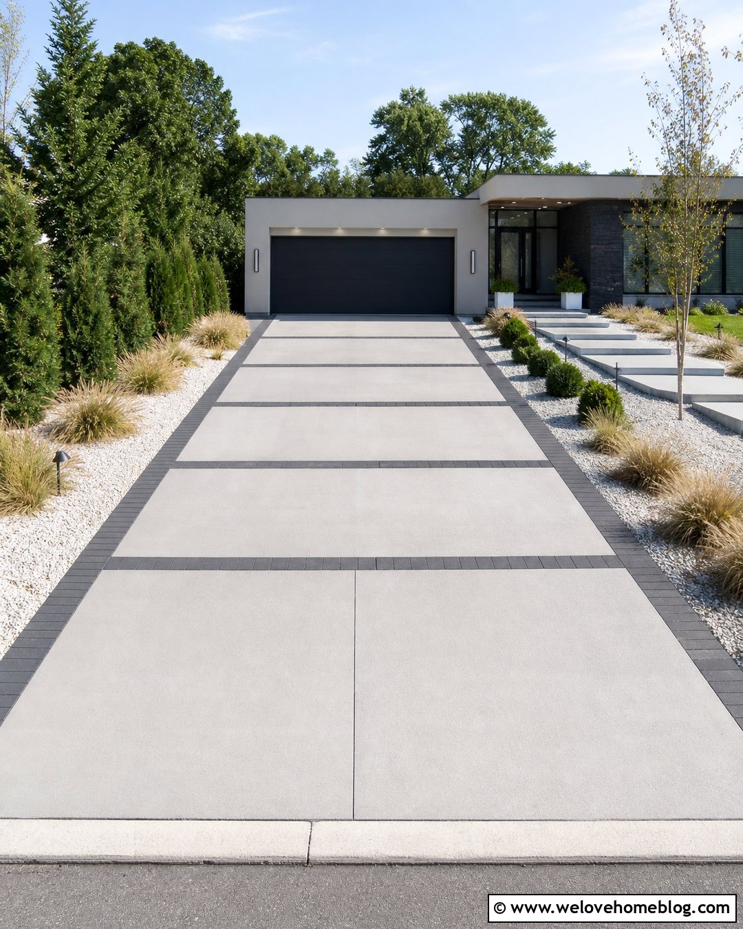 Concrete Driveway With Charcoal Linear Paver Inlay - 20 Concrete Driveway With Paver Inlay Ideas