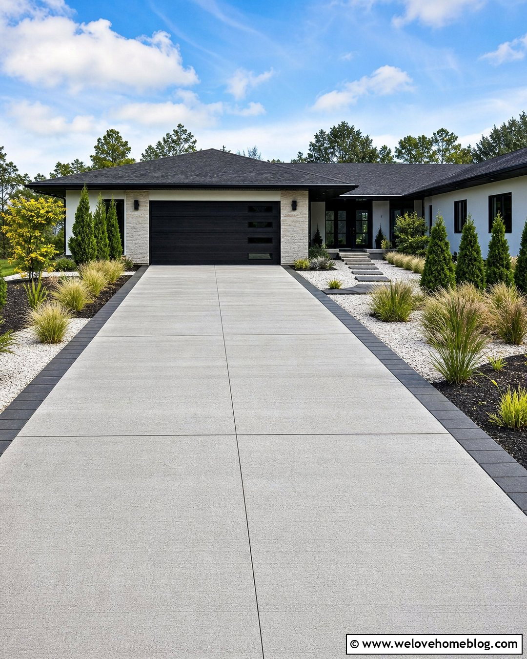 Concrete Driveway With Charcoal Paver Border - 20 Paver Edged Driveway Ideas