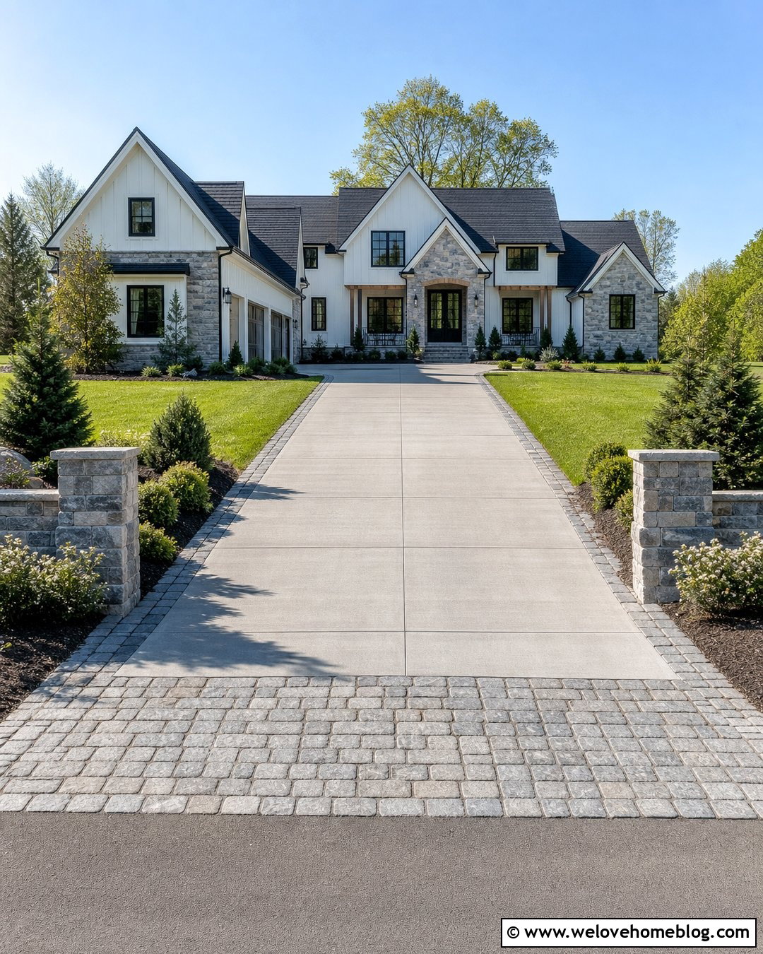 Concrete Driveway With Cobblestone Entrance Apron - 20 Clean Concrete Driveway Ideas