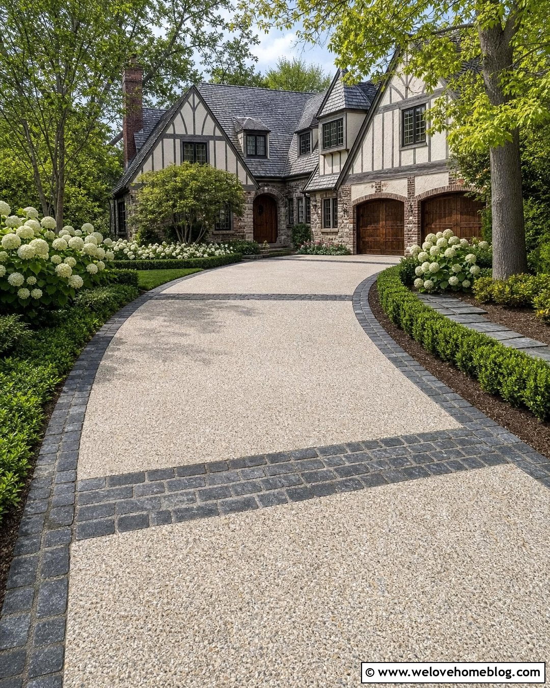 Concrete Driveway With Cobblestone Paver Ribbons - 20 Concrete Driveway With Paver Inlay Ideas