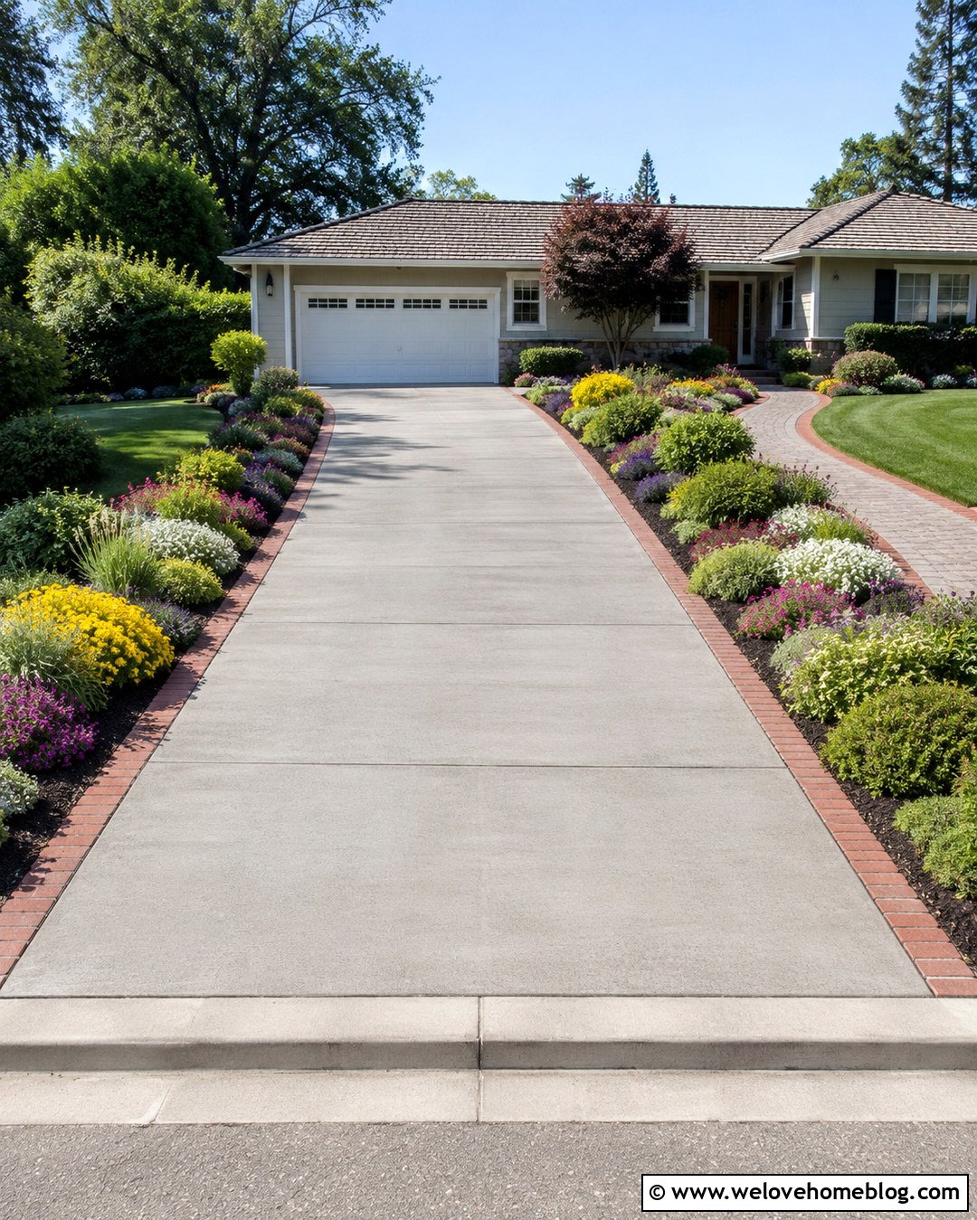 Concrete Driveway With Colorful Perennial Beds - 20 Sunlit Driveway Landscaping Ideas
