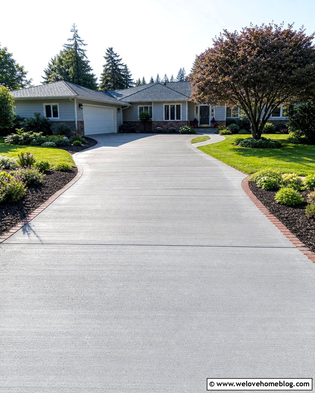 Concrete Driveway With Curved Flower Beds - 40 Front Driveway Landscaping Ideas