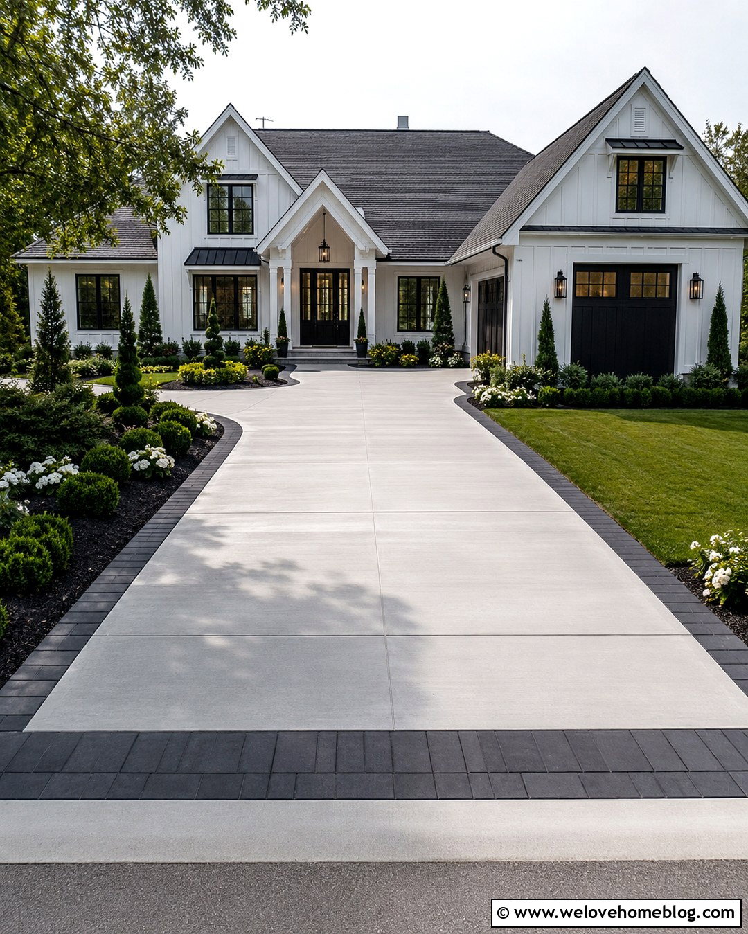 Concrete Driveway With Dark Paver Borders - 20 stylish driveway makeover ideas