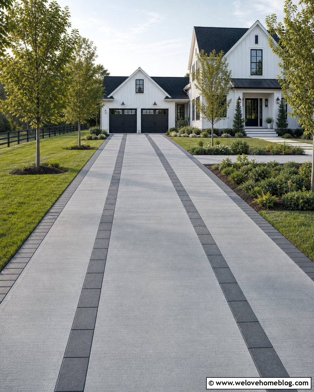 Concrete Driveway With Double Paver Bands - 20 Concrete Driveway With Paver Inlay Ideas