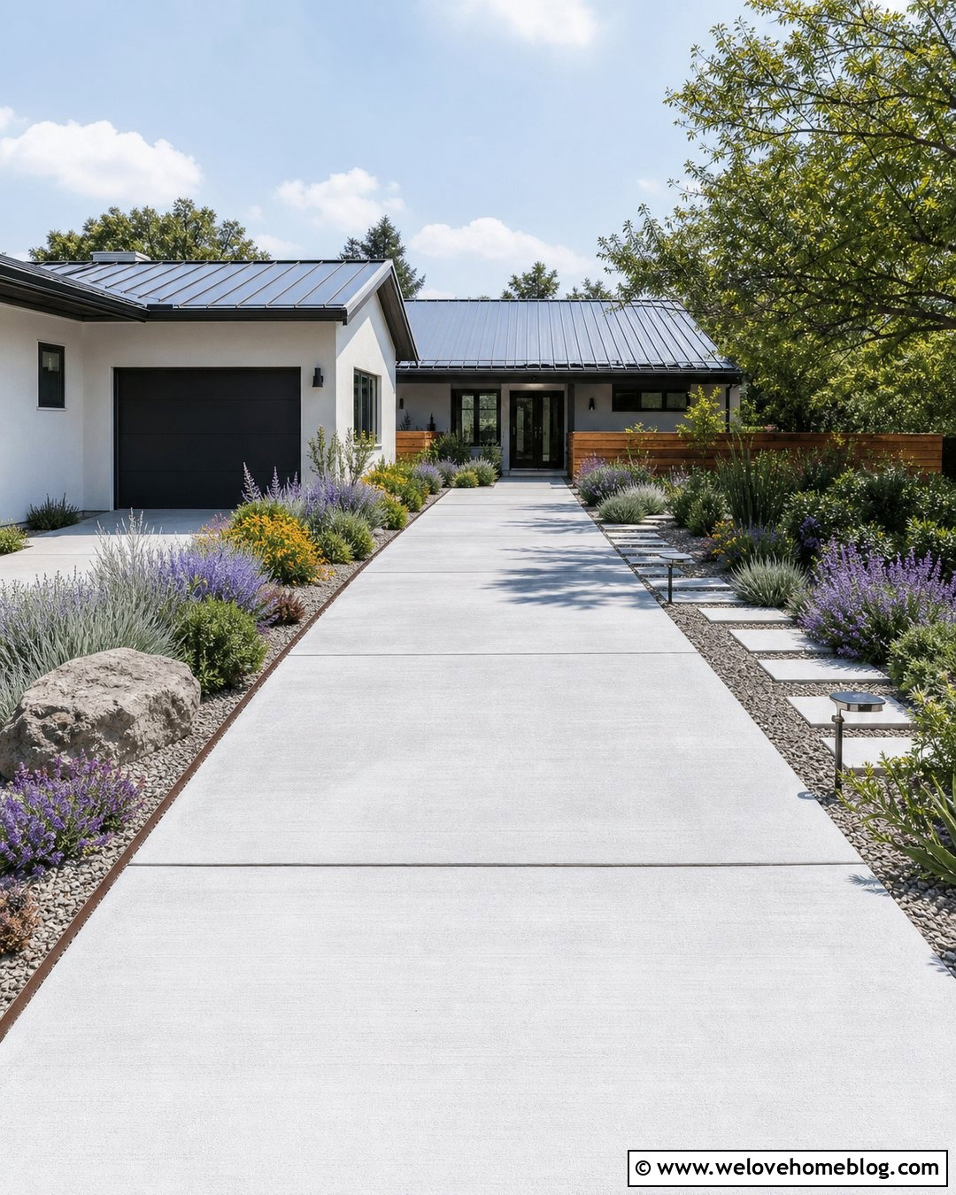 Concrete Driveway With Drought Tolerant Borders - 45 Driveway Design Ideas