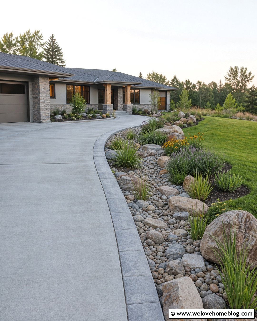 Concrete Driveway With Dry Creek Border - 20 edge of driveway landscaping ideas