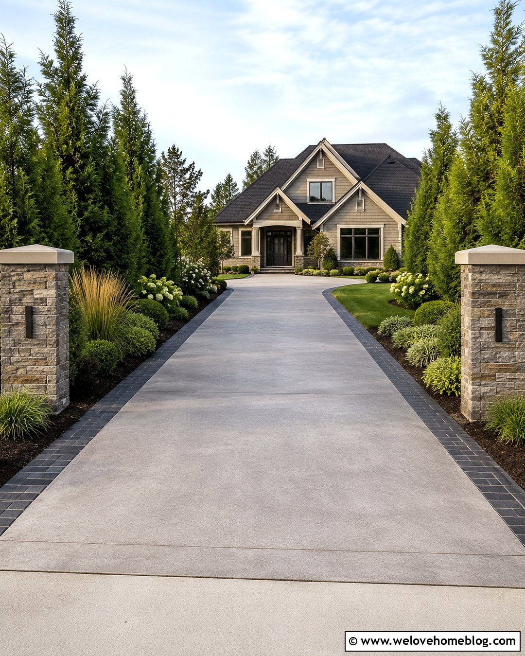 Concrete Driveway With Evergreen Screening