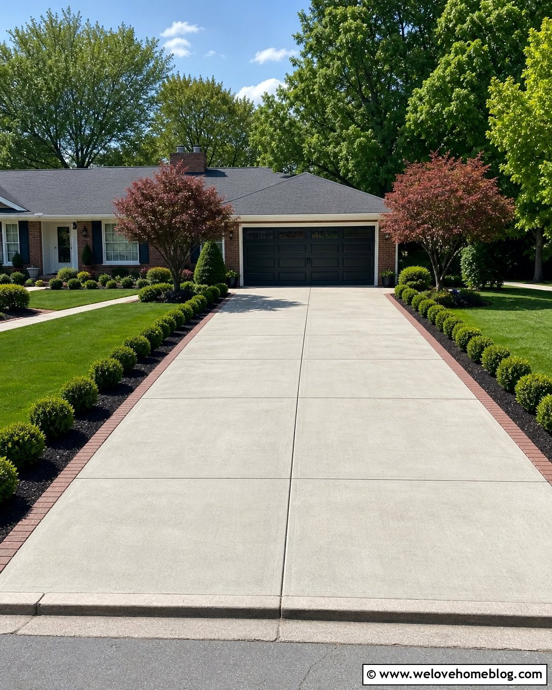 Concrete Driveway With Evergreen Shrub Borders