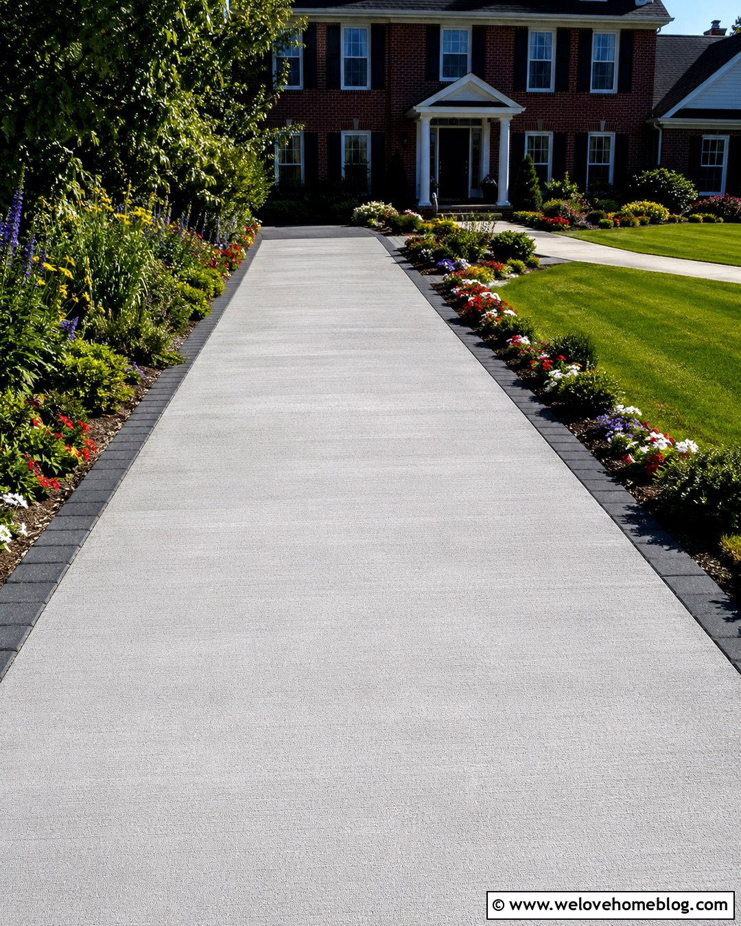 Concrete Driveway With Flower Borders - 20 Summer Driveway View Ideas