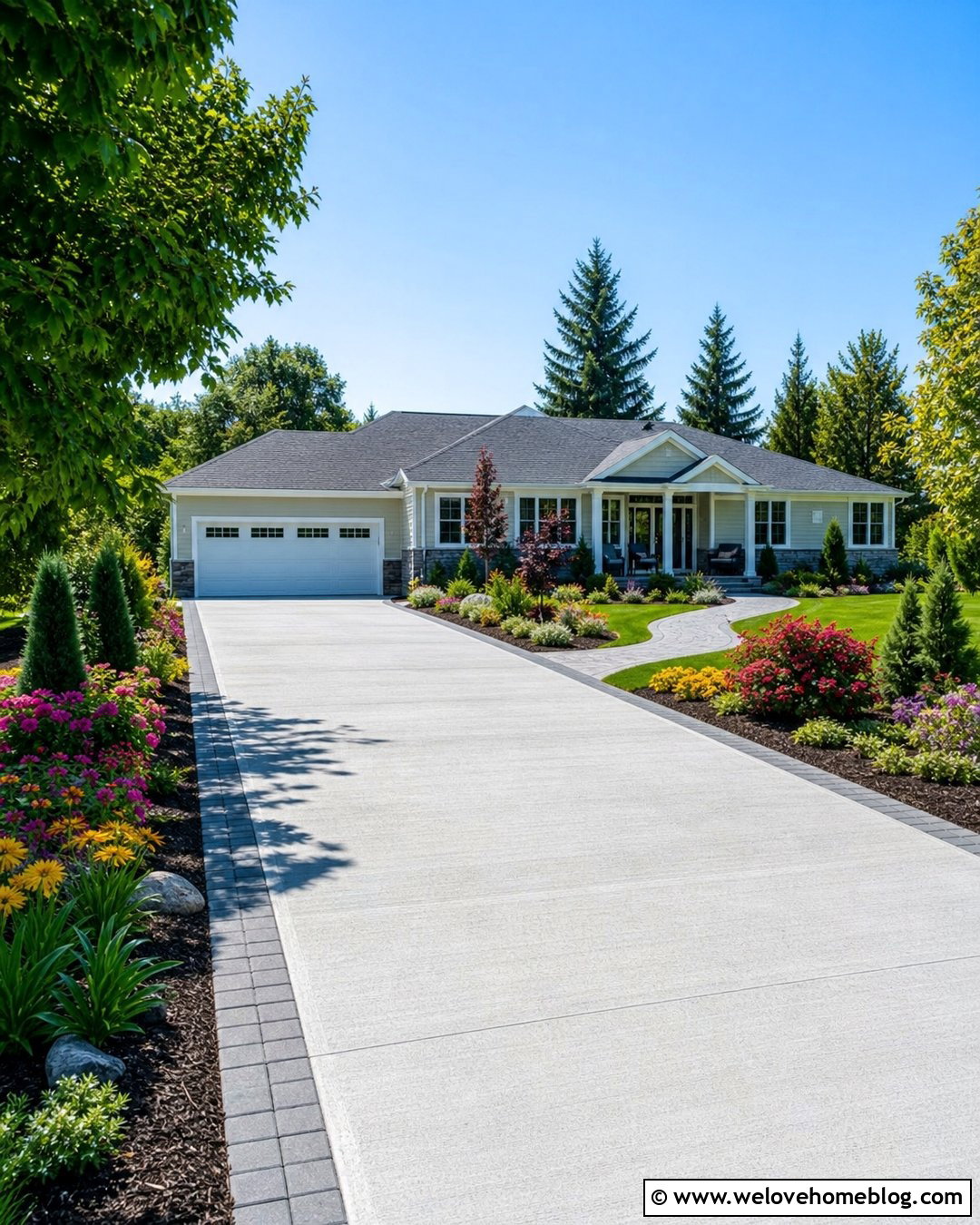 Concrete Driveway With Flowering Borders - 25 Pretty Driveways Ideas