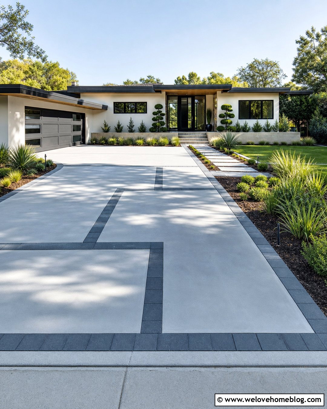 Concrete Driveway With Geometric Paver Inlay - 20 Concrete Driveway With Paver Inlay Ideas