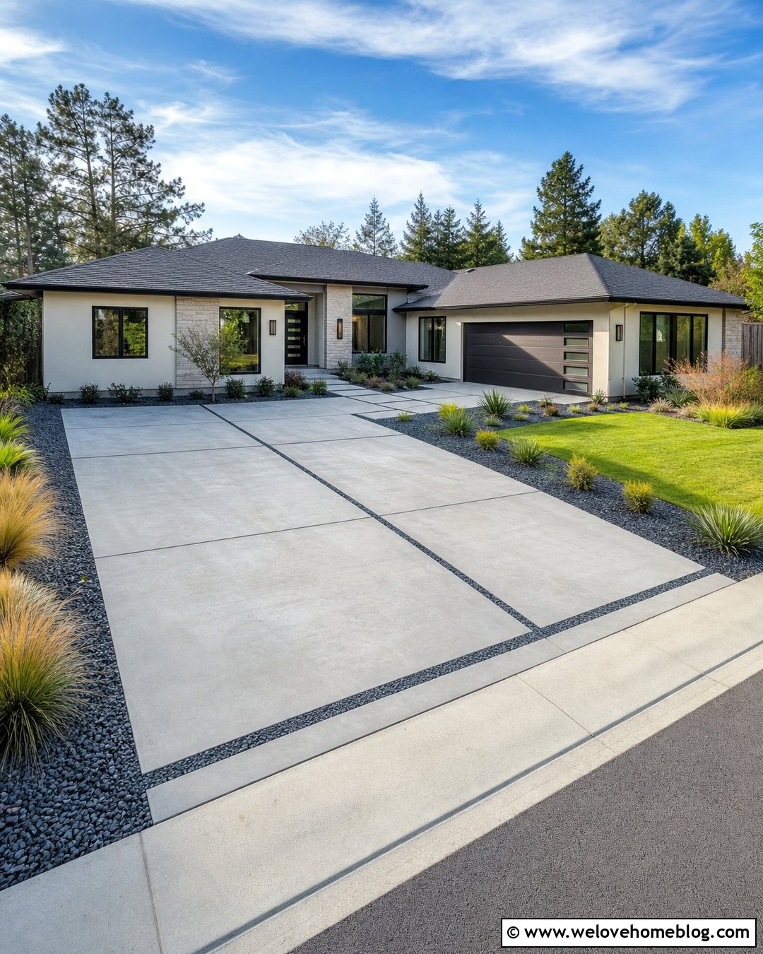 Concrete Driveway With Gravel Inlay Bands - 40 driveway on a budget ideas